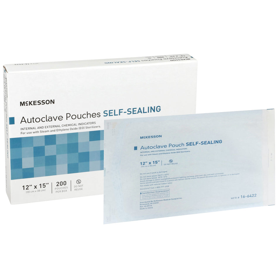 McKesson Sterilization Pouch, 12 x 15 Inch-Sterilization Pouch McKesson Ethylene Oxide (EO) Gas / Steam 12 X 15 Inch Transparent Blue / White Self Seal Paper / Film