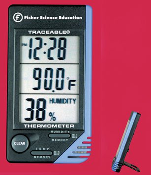 Digital Thermometer / Hygrometer Fisherbrand™ Traceable® Fahrenheit / Celsius 32° to 122°F (0 to 50°C) Internal Sensor Desk / Wall Mount Battery Operated