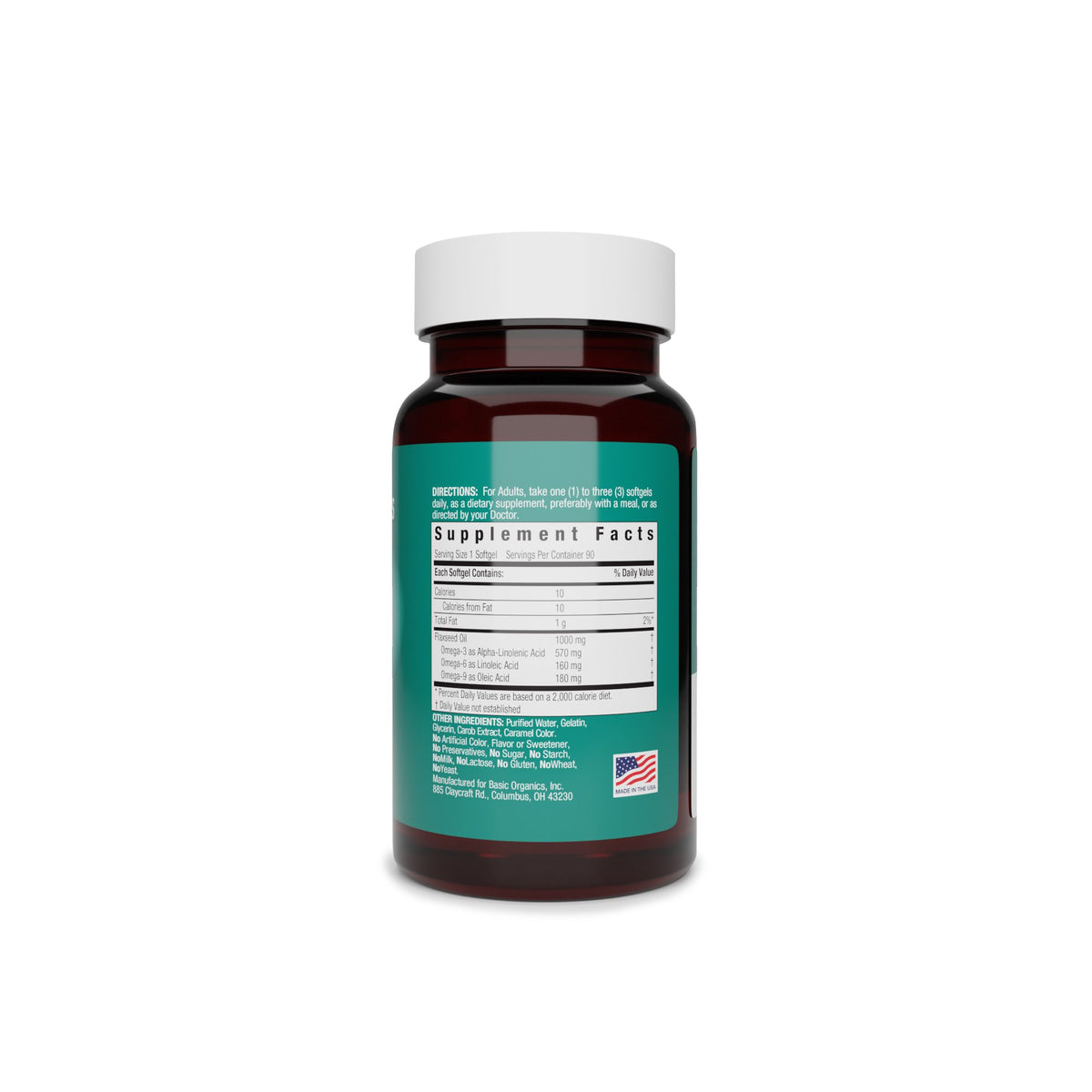 Dietary Supplement Basic Organics Flaxseed Oil 1,000 mg Strength Softgel 90 per Bottle