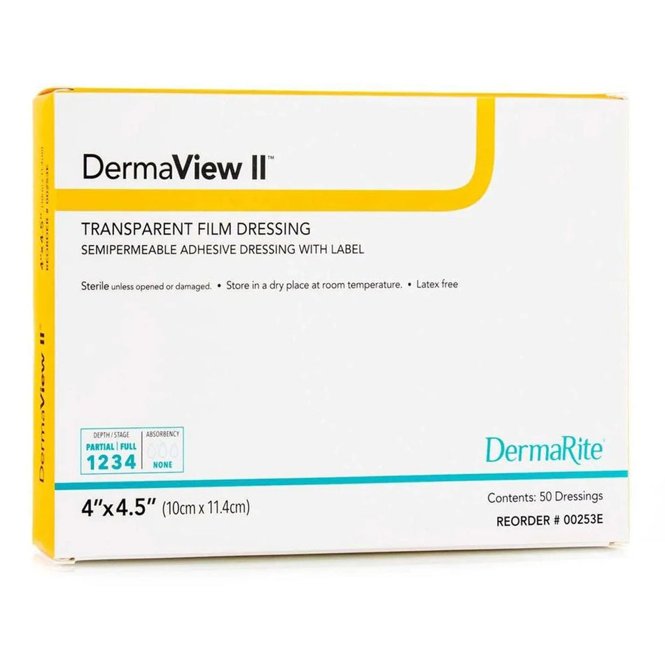 DermaView II� Transparent Film Dressing with Border, 4 x 4� Inch-Transparent Film Dressing DermaView II� 4 X 4-1/2 Inch Frame Style Delivery Rectangle Sterile