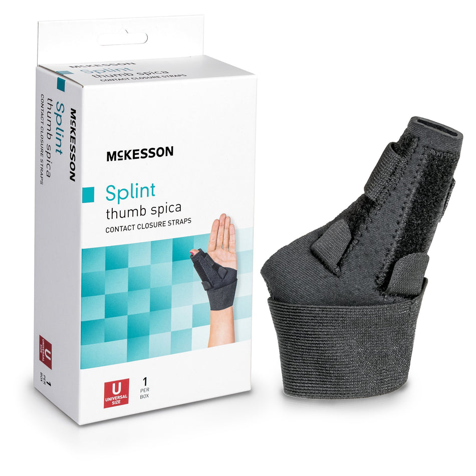 McKesson Thumb Splint, One Size Fits Most-Wrist Brace with Thumb Spica McKesson Thumb Spica Nylon / Aluminum / Neoprene / Polyester / Spandex / Acrylic Left or Right Hand Black One Size Fits Most