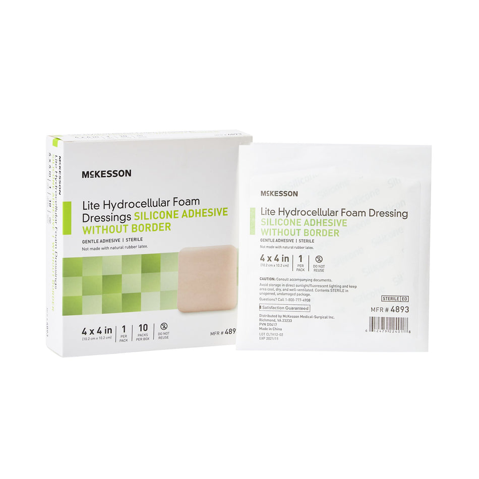 McKesson Lite Silicone Gel Adhesive without Border Thin Silicone Foam Dressing, 4 x 4 Inch-Thin Foam Dressing McKesson Lite 4 X 4 Inch Without Border Film Backing Silicone Gel Adhesive Square Sterile