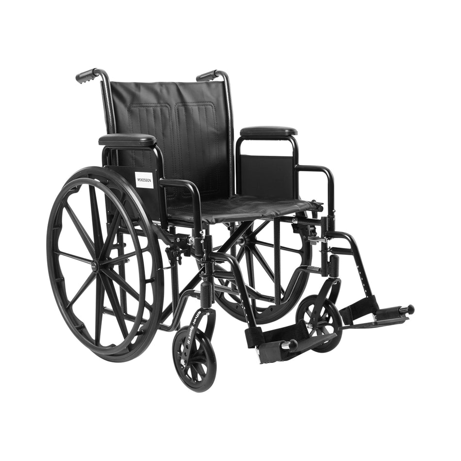 McKesson Wheelchair, 20 Inch Seat Width-Wheelchair McKesson Dual Axle Desk Length Arm Swing-Away Footrest Black Upholstery 20 Inch Seat Width Adult 350 lbs. Weight Capacity