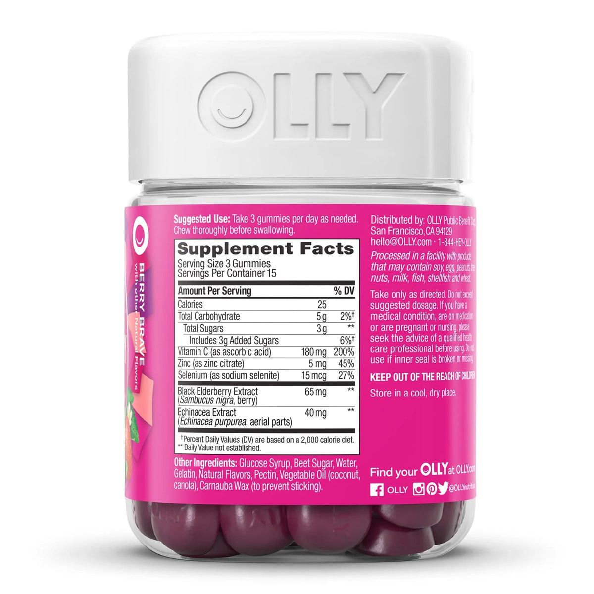 Olly Active Immunity + Elderberry Gummies Berry Brave-Dietary Supplement OLLY Active Immunity+Elderberry Echinacea / Black Elderberry Extract / Zinc / Vitamin C 40 mg - 65 mg - 5 mg - 180 mg Strength Gummy 45 per Bottle Berry Brave Flavor
