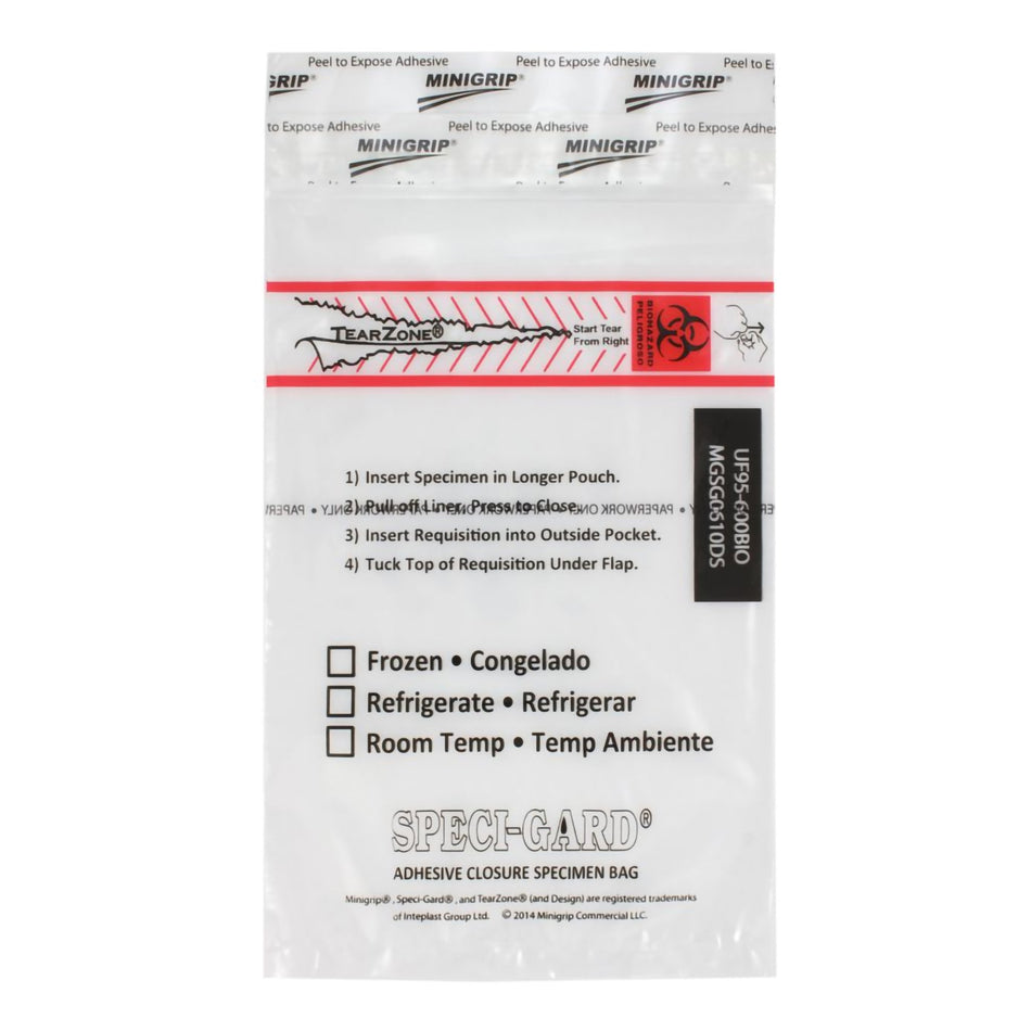 Speci-Gard Specimen Transport Bag with Document Pouch, Adhesive Closure, 6 x 10 Inch-Specimen Transport Bag with Document Pouch Speci-Gard 6 X 10 Inch Adhesive Closure Biohazard Symbol / Storage Instructions NonSterile