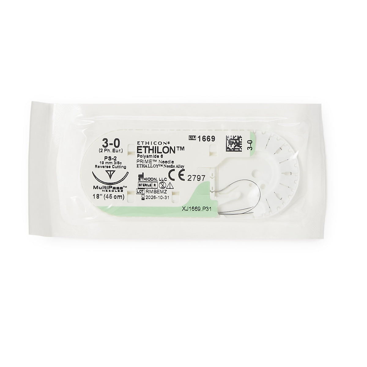 Ethilon Suture with Needle-Nonabsorbable Suture with Needle Ethilon Nylon PS-2 3/8 Circle Precision Reverse Cutting Needle Size 3 - 0 Monofilament