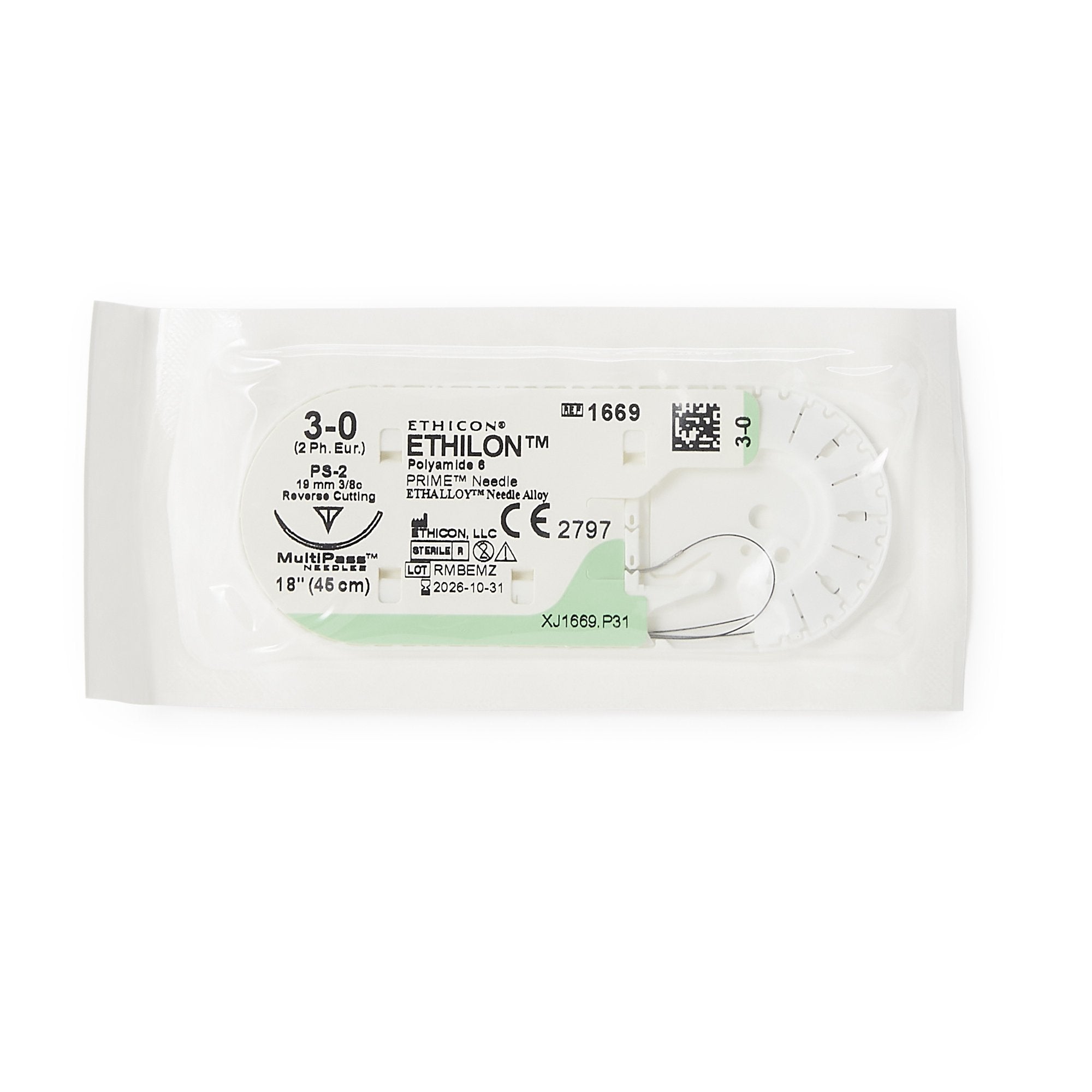 Ethilon Suture with Needle-Nonabsorbable Suture with Needle Ethilon Nylon PS-2 3/8 Circle Precision Reverse Cutting Needle Size 3 - 0 Monofilament