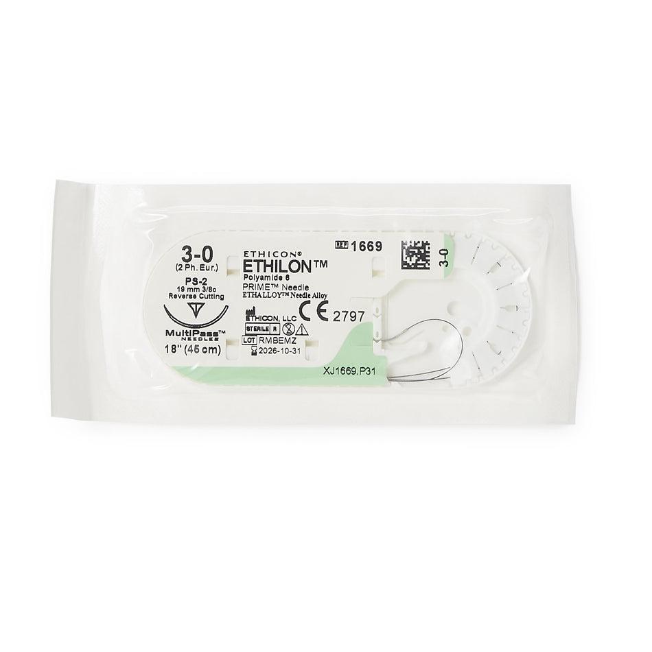 Ethilon Suture with Needle-Nonabsorbable Suture with Needle Ethilon Nylon PS-2 3/8 Circle Precision Reverse Cutting Needle Size 3 - 0 Monofilament