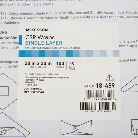 McKesson Single Layer Sterilization Wrap, 30 x 30 Inch-McKesson Sterilization Wrap Blue 30 X 30 Inch Single Layer Cellulose Steam / EO Gas