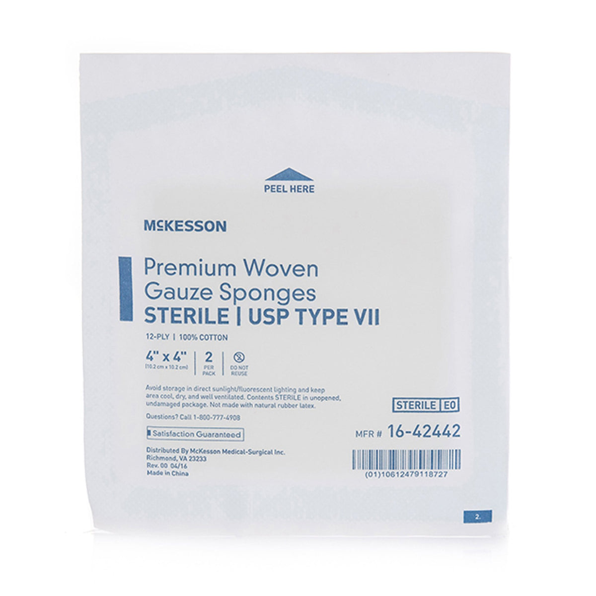 McKesson Sterile USP Type VII Gauze Sponge, 4 x 4 Inch, 12-Ply-Gauze Sponge McKesson 4 X 4 Inch 12-Ply Sterile 2 per Pack