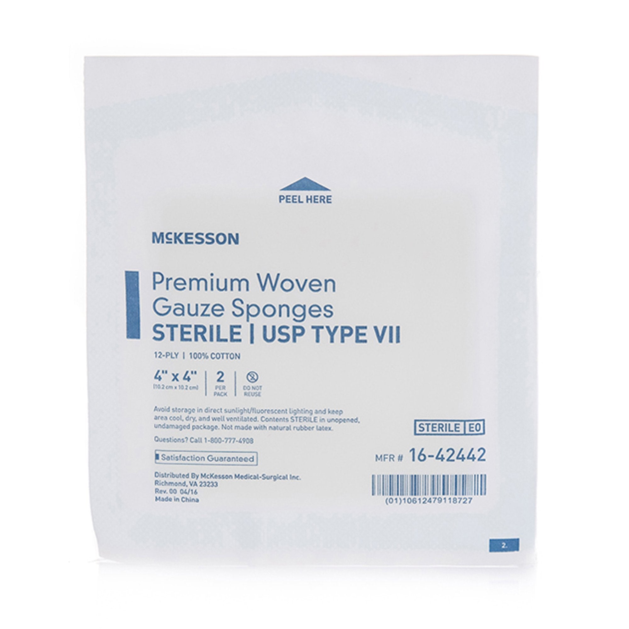McKesson Sterile USP Type VII Gauze Sponge, 4 x 4 Inch, 12-Ply-Gauze Sponge McKesson 4 X 4 Inch 12-Ply Sterile 2 per Pack