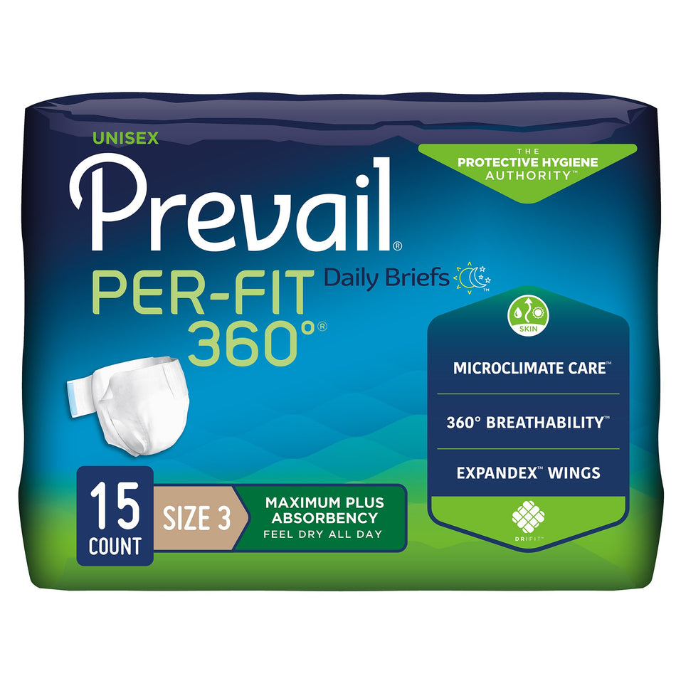 Prevail Per-Fit 360 Daily Briefs, Maximum Plus, Size 3-Unisex Adult Incontinence Brief Prevail Per-Fit 360 Size 3 / X-Large Disposable Heavy Absorbency