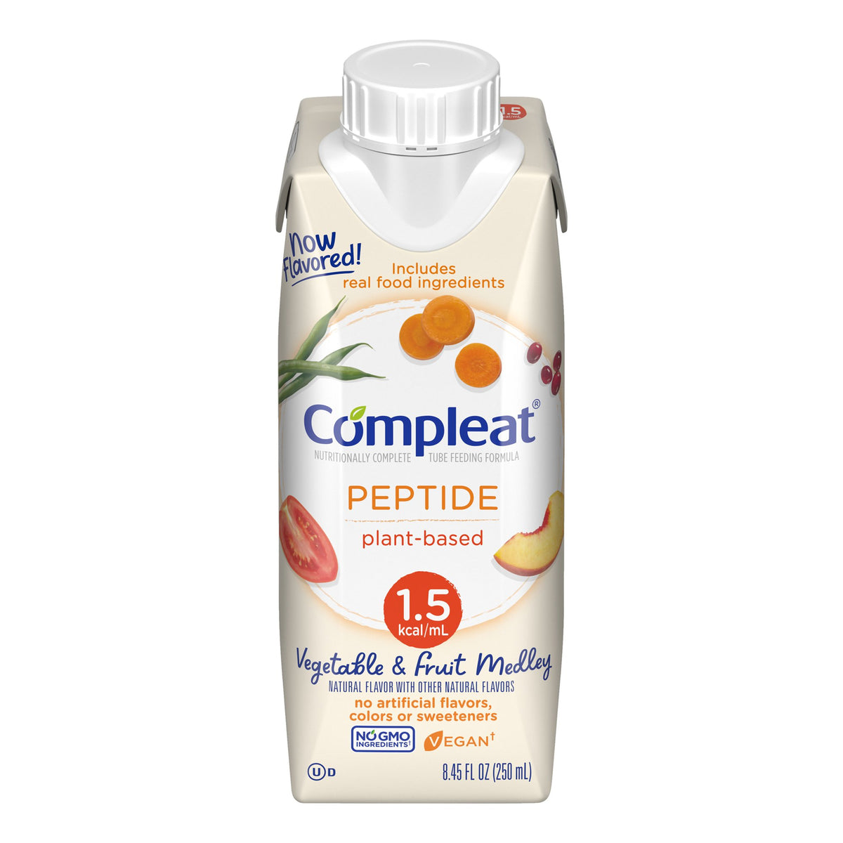 Compleat Peptide 1.5 Cal Plant-Based Tube Feeding Formula, 8.45-ounce carton-Oral Supplement Compleat Peptide 1.5 Fruit / Vegetable Medley Flavor 8.45 oz. Reclosable Carton Liquid