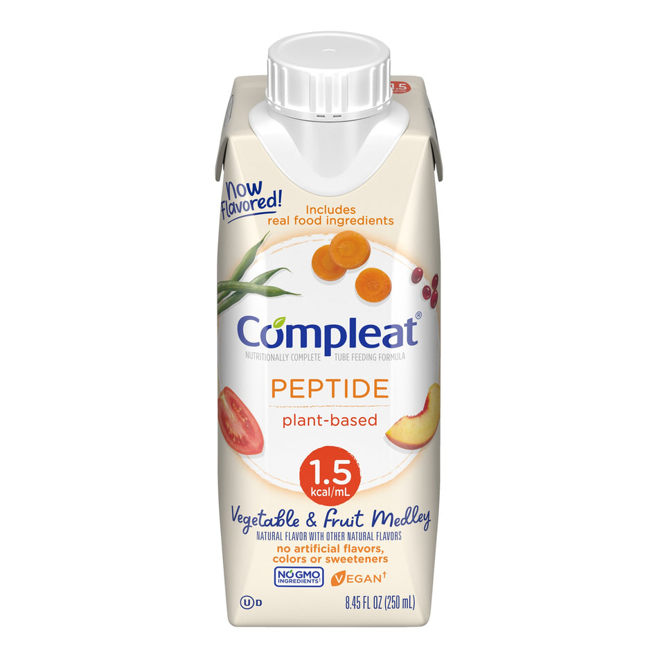 Compleat Peptide 1.5 Cal Plant-Based Tube Feeding Formula, 8.45-ounce carton-Oral Supplement Compleat Peptide 1.5 Fruit / Vegetable Medley Flavor 8.45 oz. Reclosable Carton Liquid