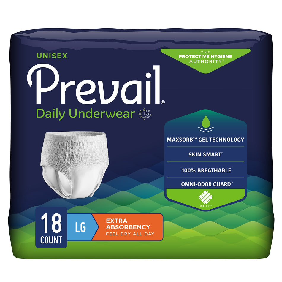 Prevail Daily Underwear Extra Absorbent Underwear, Large-Unisex Adult Absorbent Underwear Prevail Daily Underwear Extra Pull On with Tear Away Seams Large Disposable Moderate Absorbency