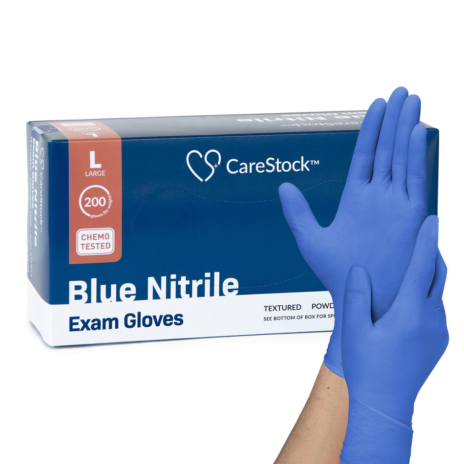 CareStock� Nitrile Exam Glove, Large, Blue-Exam Glove CareStock� Large NonSterile Nitrile Standard Cuff Length Textured Fingertips Blue Chemo Tested