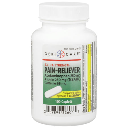 Geri-Care Acetaminophen / Aspirin / Caffeine Pain Relief-Pain Relief McKesson Brand 250 mg - 250 mg - 65 mg Strength Acetaminophen / Aspirin / Caffeine Caplet 100 per Bottle