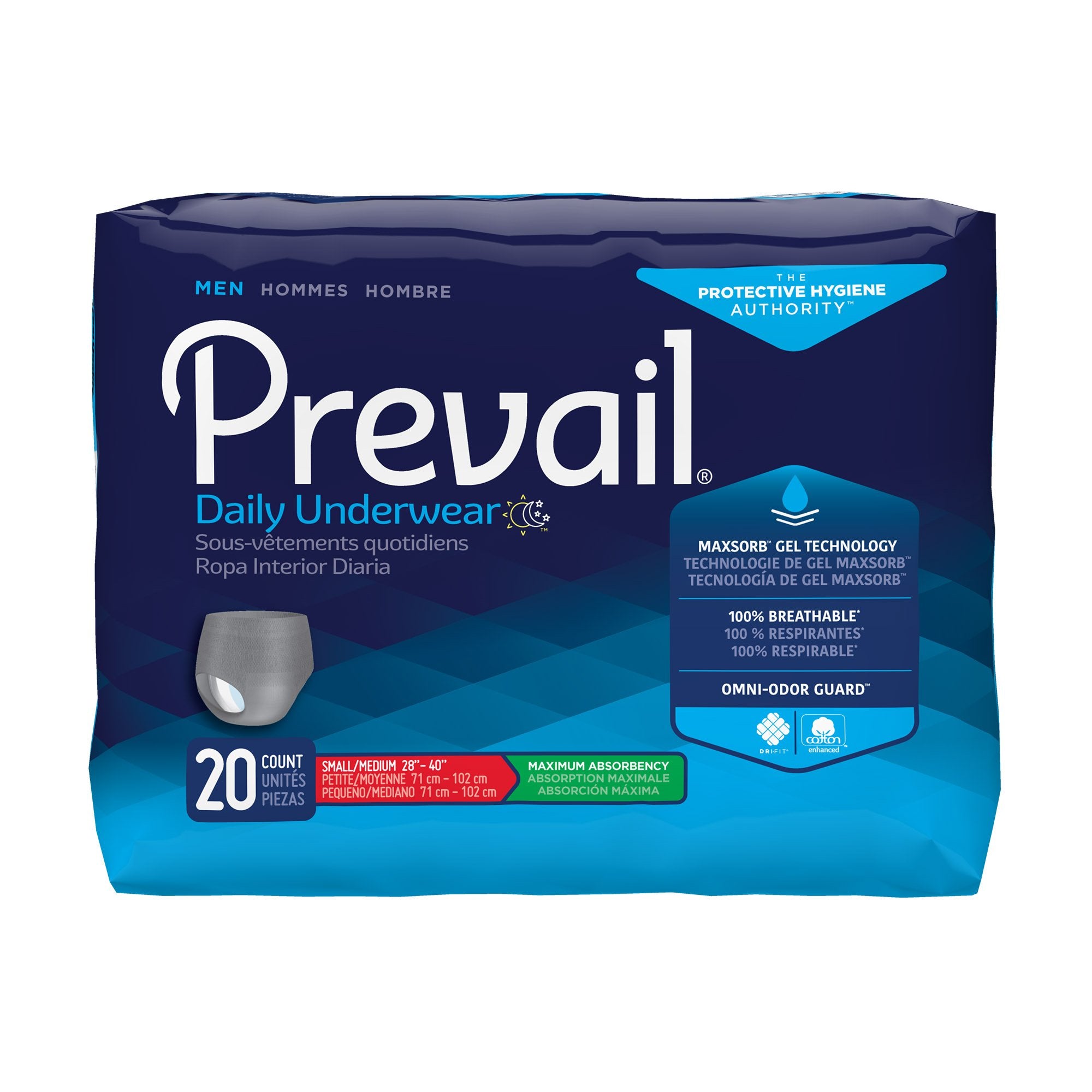 Prevail Men's Daily Maximum Absorbent Underwear, Small / Medium-Male Adult Absorbent Underwear Prevail Daily Underwear Pull On with Tear Away Seams Small / Medium Disposable Heavy Absorbency