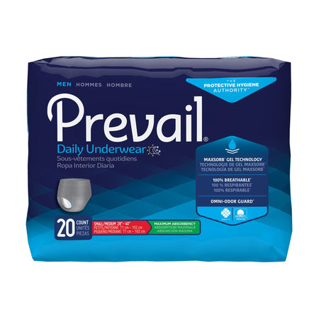 Prevail Men's Daily Maximum Absorbent Underwear, Small / Medium-Male Adult Absorbent Underwear Prevail Daily Underwear Pull On with Tear Away Seams Small / Medium Disposable Heavy Absorbency