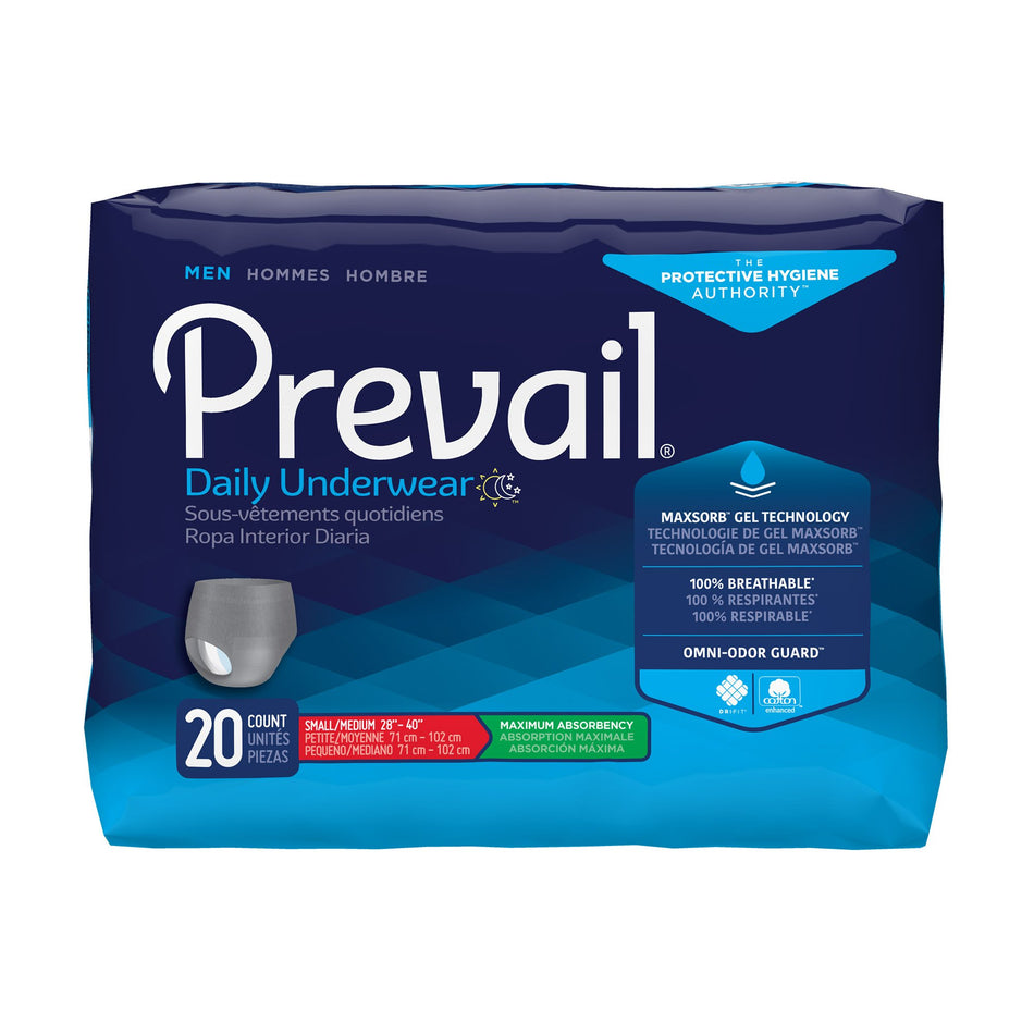 Prevail Men's Daily Maximum Absorbent Underwear, Small / Medium-Male Adult Absorbent Underwear Prevail Daily Underwear Pull On with Tear Away Seams Small / Medium Disposable Heavy Absorbency