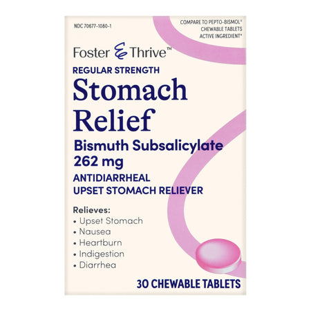 Foster & Thrive Regular Strength Stomach Relief Bismuth Salicylate 262 mg Chewable Tablets-Anti-Diarrheal Foster & Thrive 262 mg Strength Chewable Tablet 30 per Box