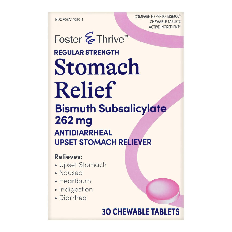 Foster & Thrive Regular Strength Stomach Relief Bismuth Salicylate 262 mg Chewable Tablets-Anti-Diarrheal Foster & Thrive 262 mg Strength Chewable Tablet 30 per Box