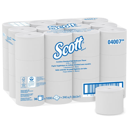 Scott Essential Toilet Tissue, 2-Ply, Standard Size, Coreless Roll-Toilet Tissue Scott Essential White 2-Ply Standard Size Coreless Roll 1000 Sheets 3-9/10 X 4 Inch