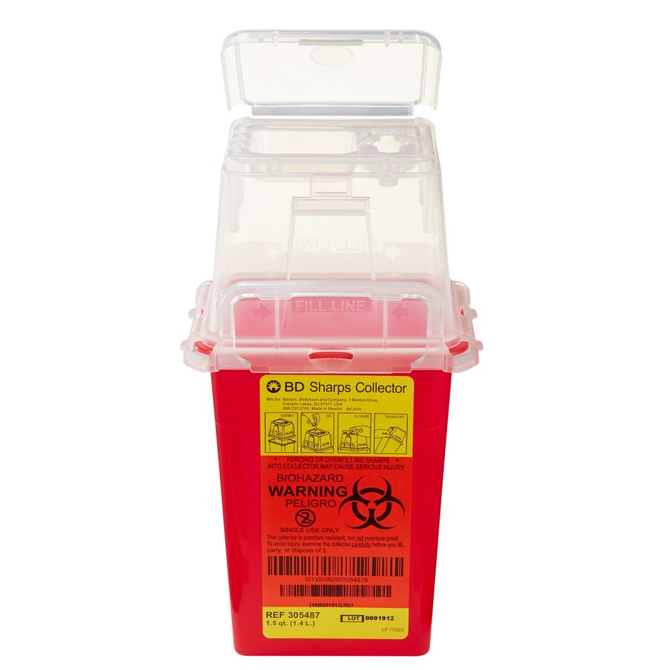 BD Phlebotomy Sharps Container, 1-1/2 Quart, 9 x 4-1/2 x 4 Inch-Sharps Container BD� Red Base 9 H X 4-1/2 W X 4 D Inch Vertical Entry 0.375 Gallon