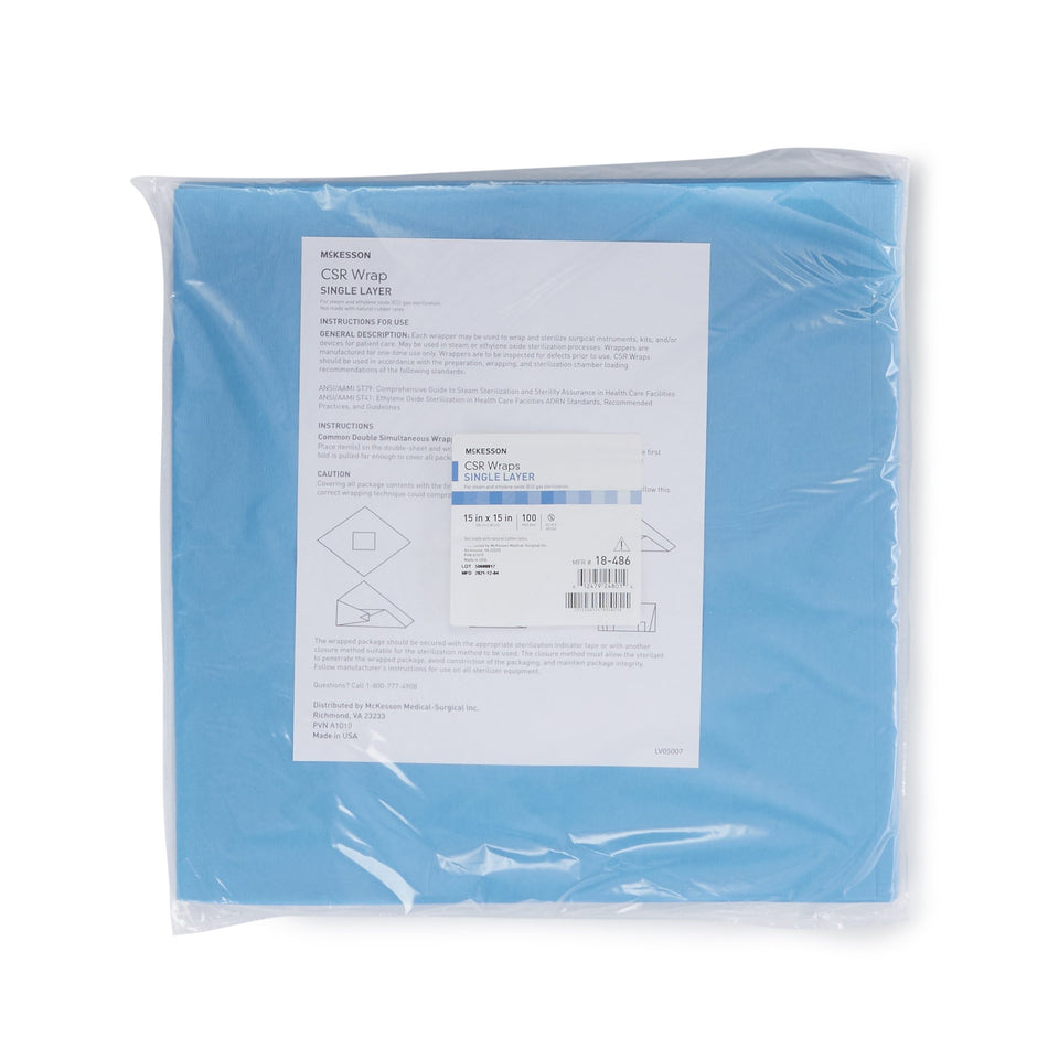 McKesson Single Layer Sterilization Wrap, 15 x 15 Inch-McKesson Sterilization Wrap Blue 15 X 15 Inch Single Layer Cellulose Steam / EO Gas