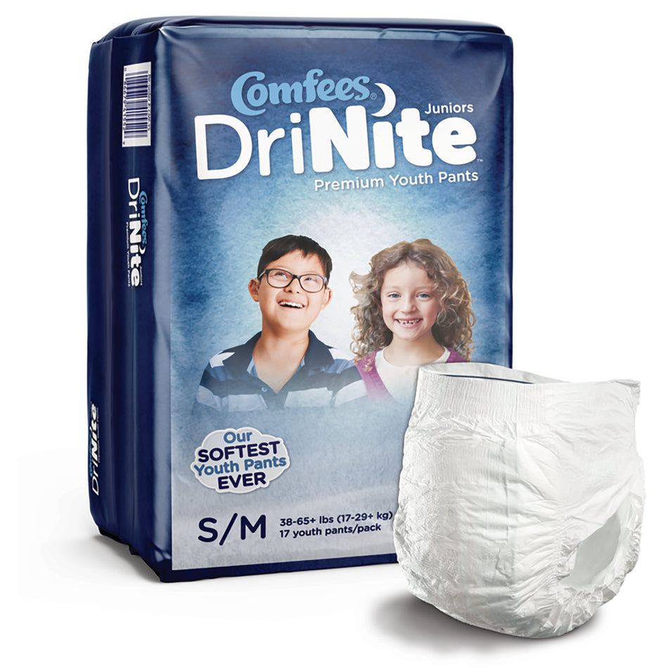 Comfees DriNite Juniors Absorbent Underwear, Small / Medium-Unisex Youth Absorbent Underwear Comfees DriNite Juniors Pull On with Tear Away Seams Small / Medium Disposable Heavy Absorbency