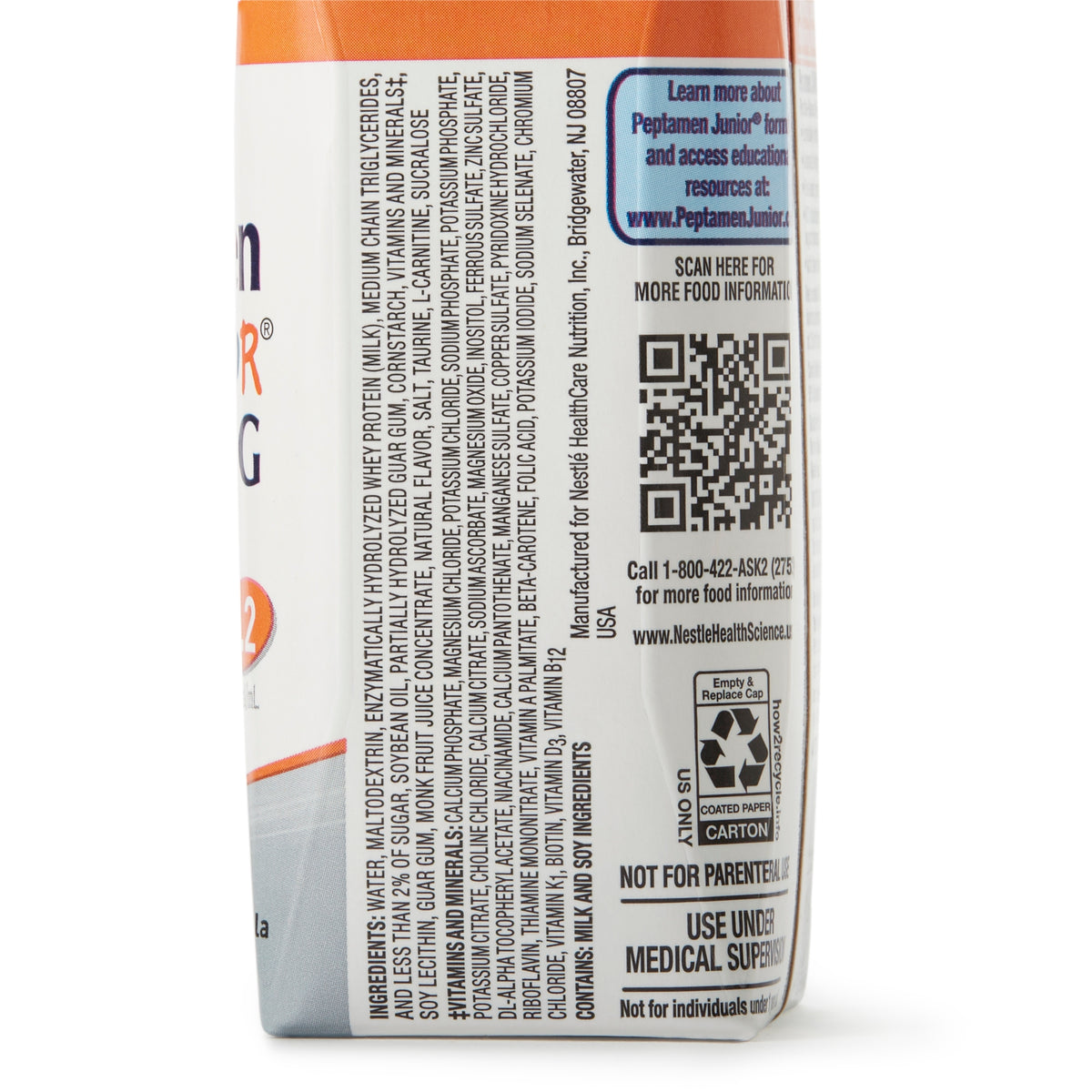 Peptamen Junior PHGG Peptide-Based Pediatric Formula, Vanilla, 8.45-ounce carton-Pediatric Oral Supplement Peptamen Junior PHGG Vanilla Flavor 8.45 oz. Carton Liquid PHGG Fiber Impaired GI Function