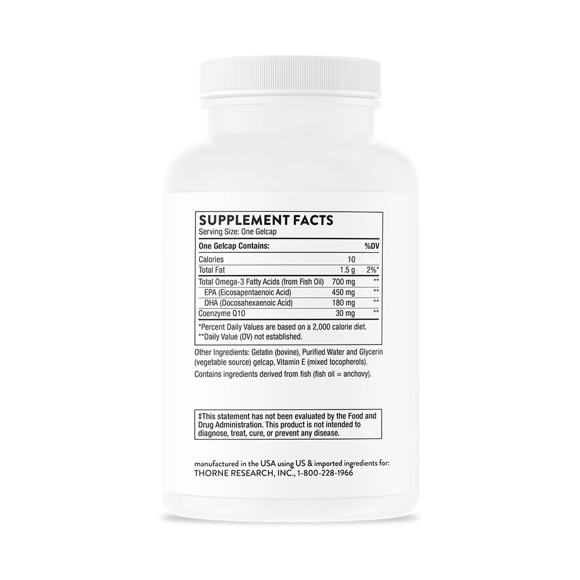 Thorne Omega-3 with CoQ10 Dietary Supplement-Dietary Supplement THORNE Omega-3 with CoQ10 EPA / DHA / Coenzyme Q10 450 mg - 180 mg - 30 mg Strength Gelcap 90 per Bottle