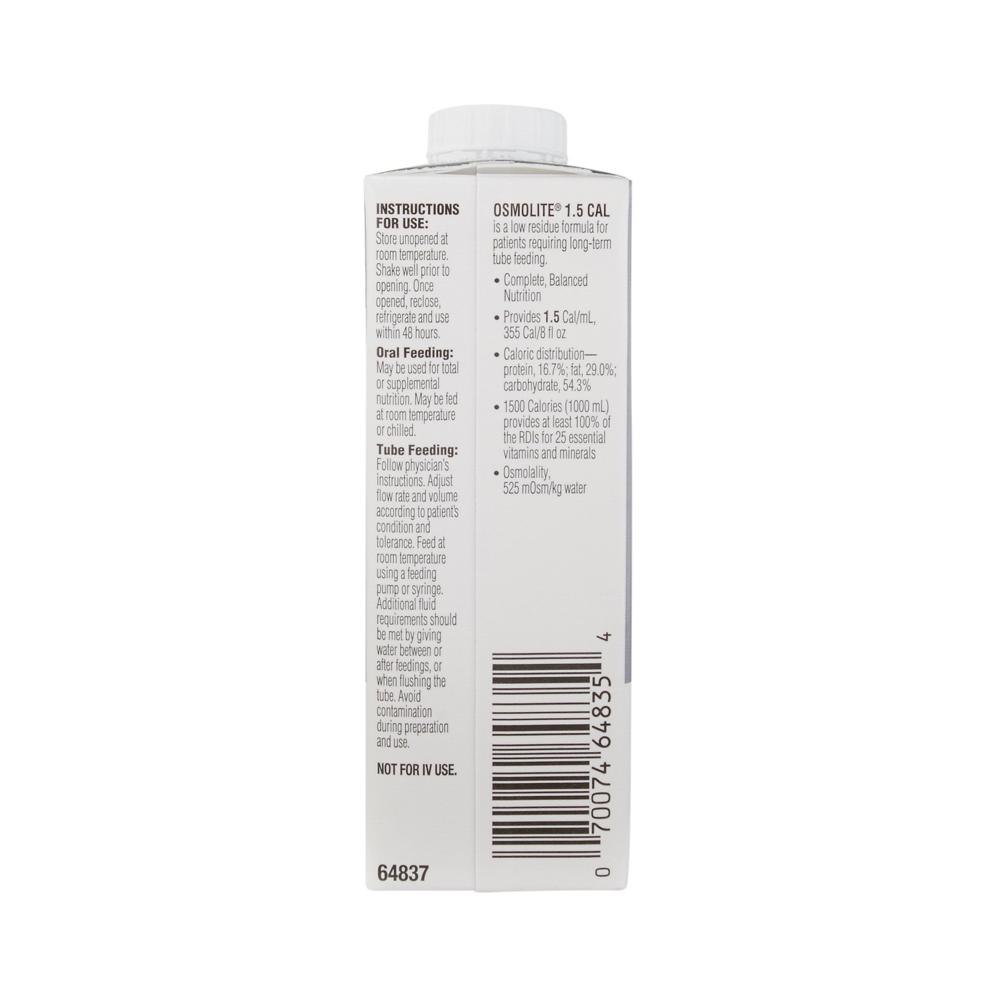 Osmolite 1.5 Cal Nutrition, Tube-Feeding, 8-ounce carton-Tube Feeding Formula Osmolite 1.5 Cal Unflavored Liquid 8 oz. Reclosable Carton