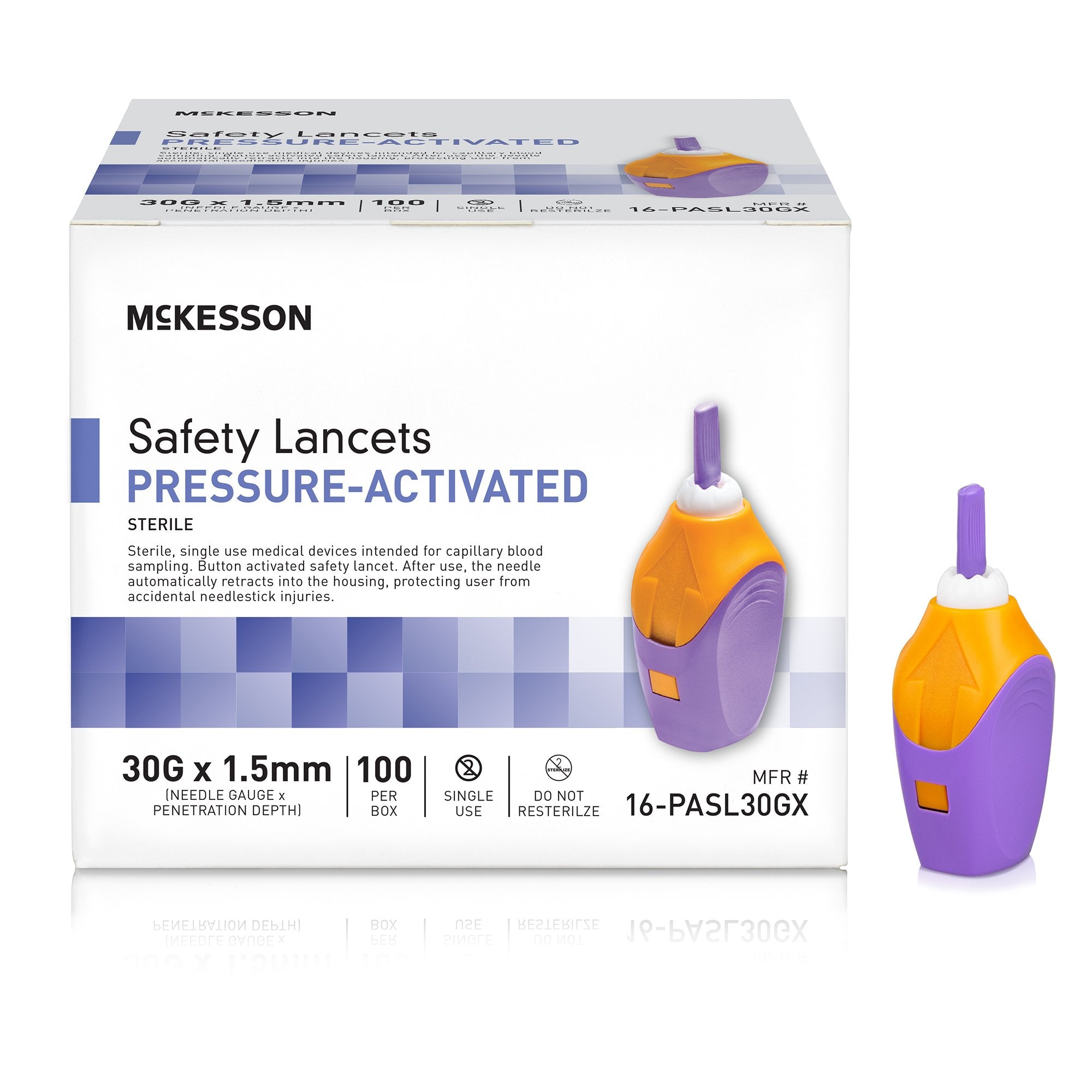 McKesson Pressure Activated Safety Lancets, 30 Gauge, Purple-Safety Lancet McKesson 30 Gauge Retractable Pressure Activated Finger