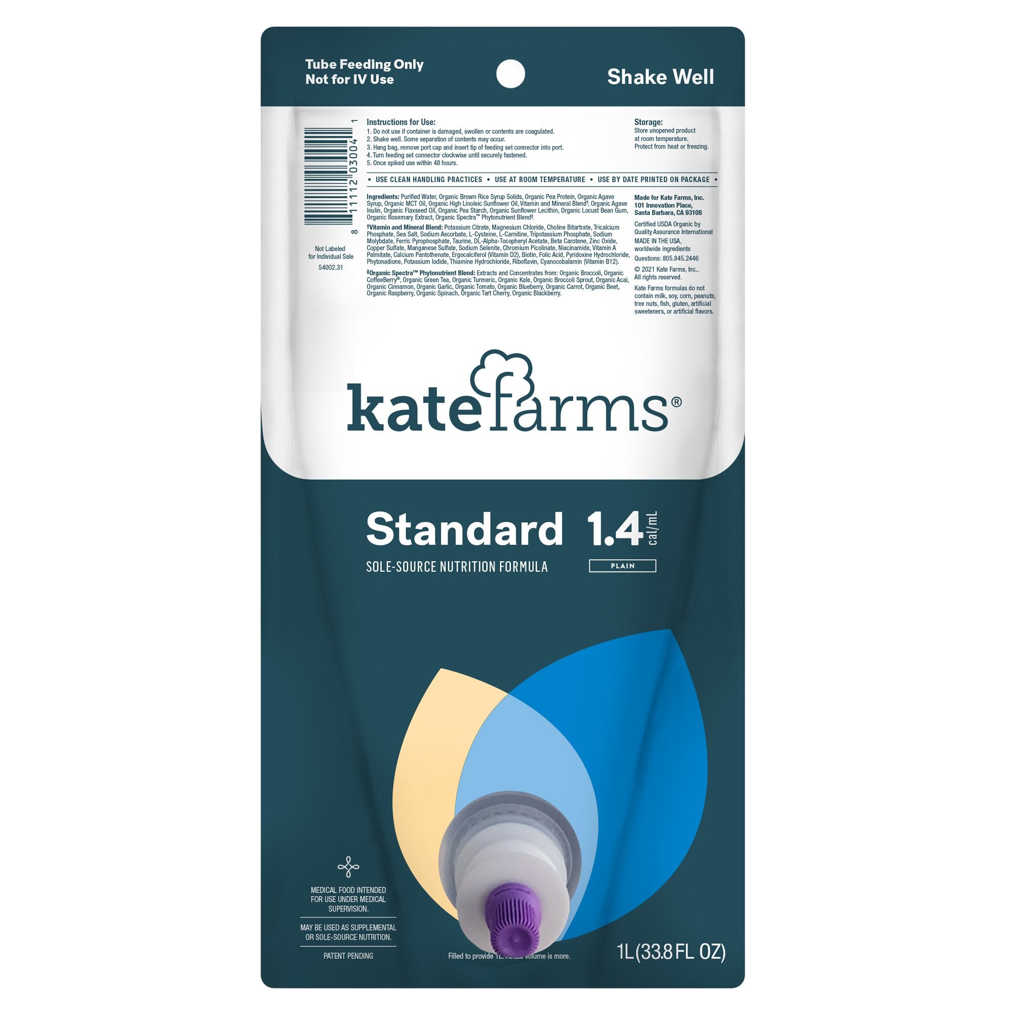 Kate Farms Standard 1.4 Sole-Source Nutrition Formula, 1000 mL Bag-Tube Feeding Formula Kate Farms Standard 1.4 Closed System Unflavored Liquid 1000 mL Ready to Hang Prefilled Container