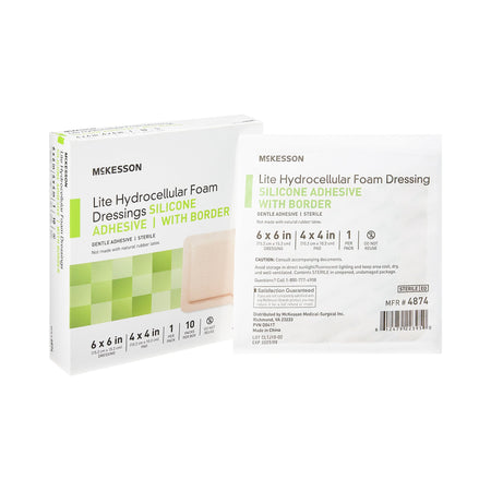 McKesson Lite Silicone Gel Adhesive with Border Thin Silicone Foam Dressing, 6 x 6 Inch-Thin Foam Dressing McKesson Lite 6 X 6 Inch With Border Film Backing Silicone Gel Adhesive Square Sterile