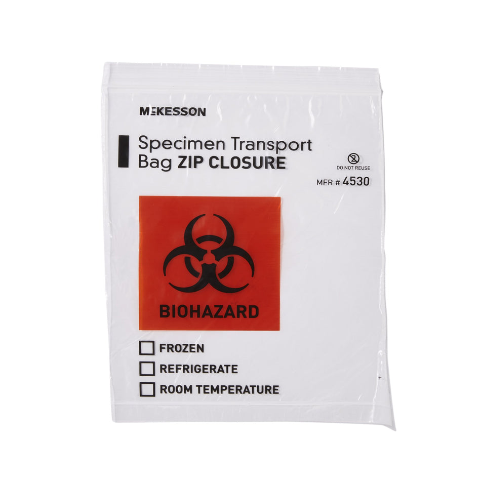 McKesson Specimen Transport Bag, Zip Closure, 8 x 10 Inch-Specimen Transport Bag McKesson 8 X 10 Inch Zip Closure Biohazard Symbol / Storage Instructions NonSterile
