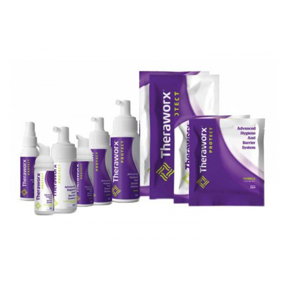 Theraworx Rinse-Free Foaming Body Wash 4 oz.-Rinse-Free Skin Cleanser with Silver Theraworx Protect Advanced Hygiene and Barrier System Foaming 3.4 oz. Pump Bottle Lavender Scent