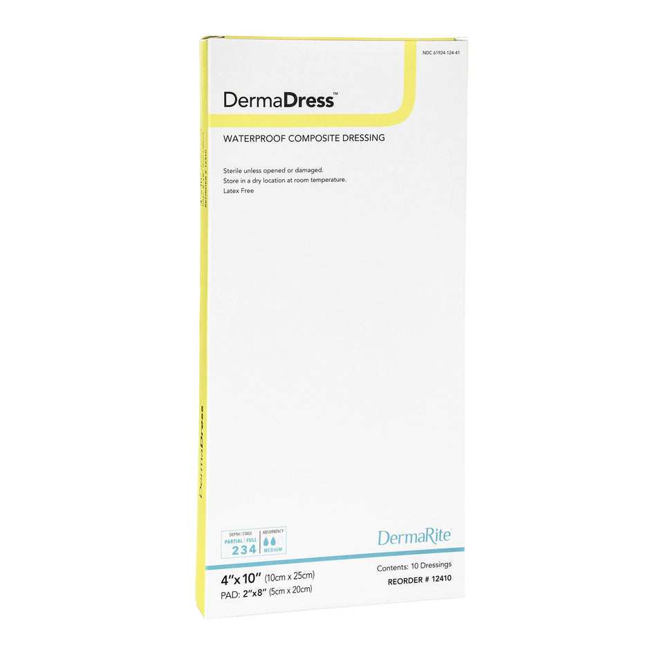 DermaDress� Composite Dressing, 4 x 10 Inch-Composite Dressing DermaDress� 4 X 10 Inch Rectangle Sterile Waterproof Film Backing