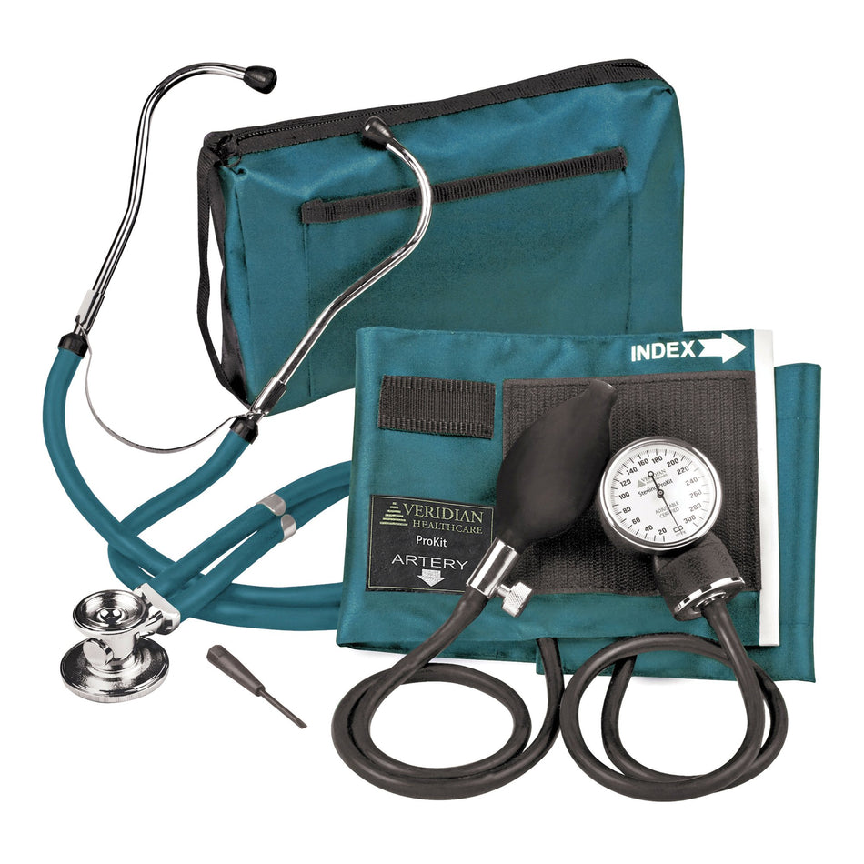 Sterling Series ProKit Aneroid Sphygmomanometer with Stethoscope, Teal-Reusable Aneroid / Stethoscope Set Veridian 27.9 to 41.6 cm Adult Cuff Dual Head General Exam Stethoscope