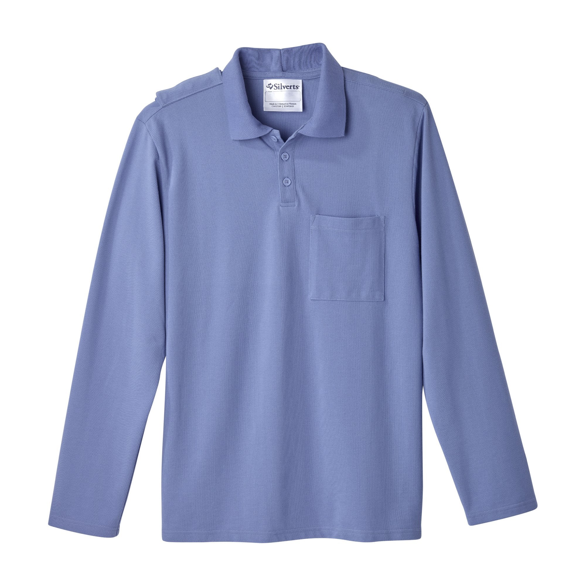 Silverts Men's Adaptive Open Back Long Sleeve Polo Shirt, Ciel Blue, Large-Adaptive Polo Shirt Silverts Large Ceil Blue 1 Pocket Long Sleeve Male