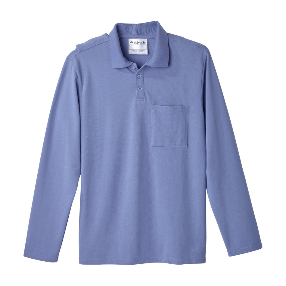 Silverts Men's Adaptive Open Back Long Sleeve Polo Shirt, Ciel Blue, Large-Adaptive Polo Shirt Silverts Large Ceil Blue 1 Pocket Long Sleeve Male
