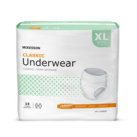 McKesson Classic Light Absorbency Incontinence Underwear, Extra Large-Unisex Adult Absorbent Underwear McKesson Classic Pull On with Tear Away Seams X-Large Disposable Light Absorbency