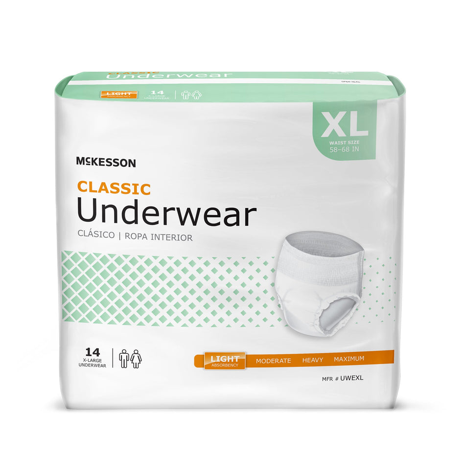 McKesson Classic Light Absorbency Incontinence Underwear, Extra Large-Unisex Adult Absorbent Underwear McKesson Classic Pull On with Tear Away Seams X-Large Disposable Light Absorbency
