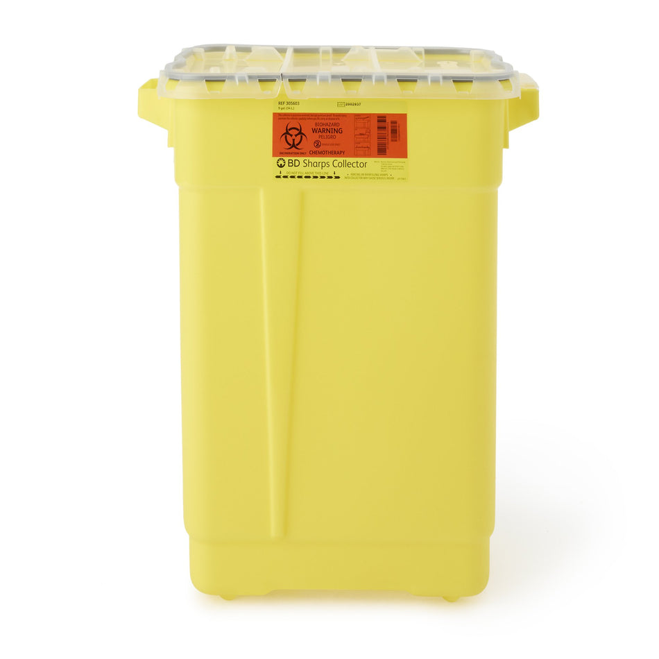 BD� Chemotherapy Sharps Container, 9 Gallon, 18-1/2 x 17-3/4 x 11-3/4 Inch-Chemotherapy Waste Container BD� Yellow Base 18-1/2 X 17-3/4 X 11-3/4 Inch Vertical Entry 9 Gallon