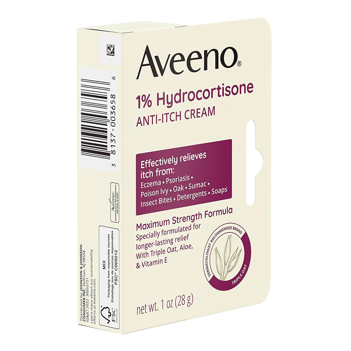 Aveeno Active Naturals 1% Hydrocortisone Anti-Itch Cream Maximum Strength Formula-Itch Relief Aveeno Active Naturals 1% Strength Cream 1 oz. Tube