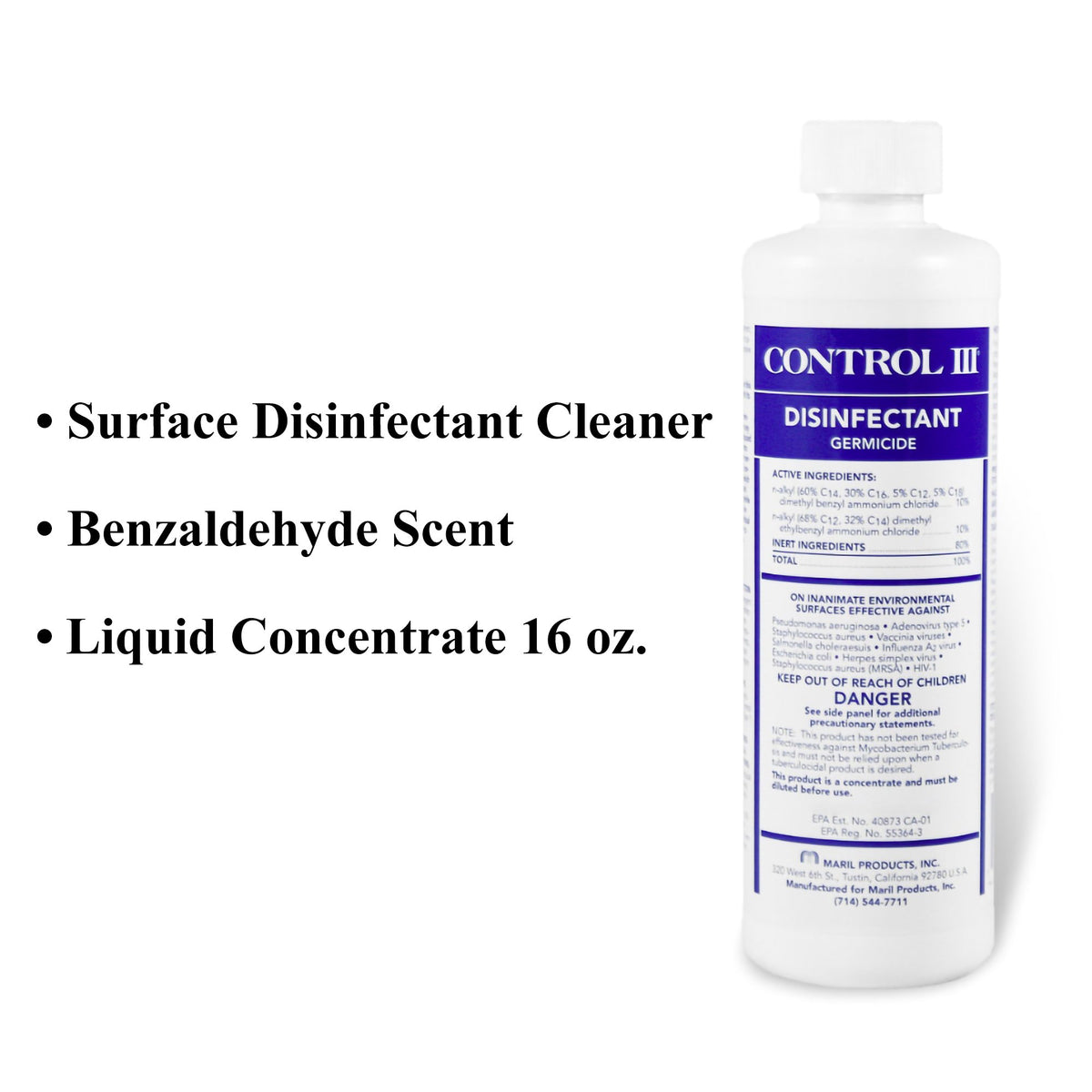Control III Surface Disinfectant Germicide Cleaner, 16 oz.-Control III Disinfectant Germicide Surface Disinfectant Cleaner Quaternary Based Manual Pour Liquid Concentrate 16 oz. Bottle Benzaldehyde Scent NonSterile