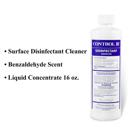 Control III Surface Disinfectant Germicide Cleaner, 16 oz.-Control III Disinfectant Germicide Surface Disinfectant Cleaner Quaternary Based Manual Pour Liquid Concentrate 16 oz. Bottle Benzaldehyde Scent NonSterile