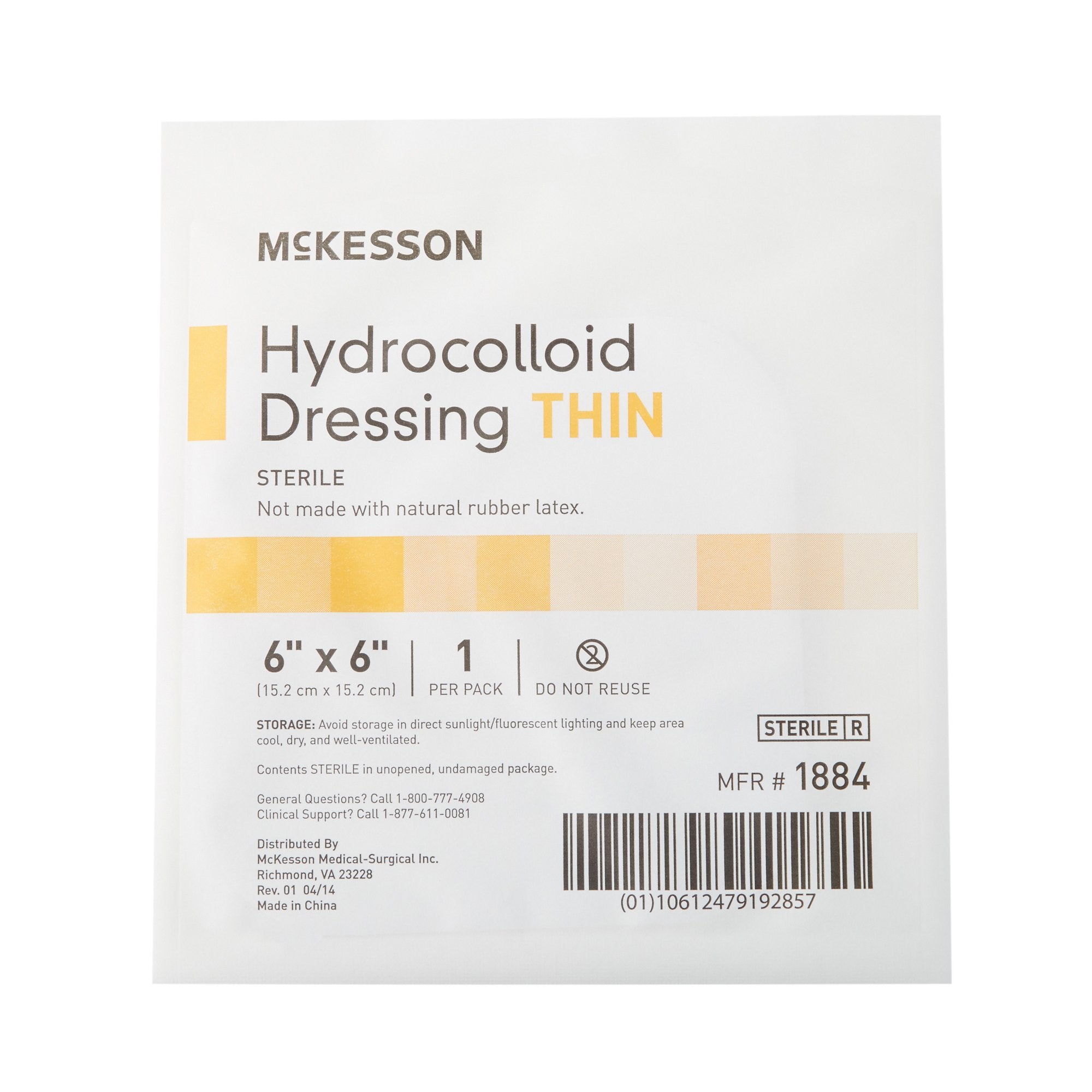 McKesson Hydrocolloid Dressing, 6 x 6 Inch-Thin Hydrocolloid Dressing McKesson Film Backing 6 X 6 Inch Square Hydrocolloid