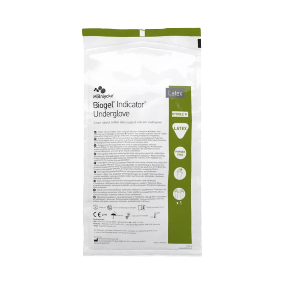 Biogel Indicator Latex Surgical Underglove, Size 8.5, Green-Surgical Underglove Biogel Indicator Underglove Size 8.5 Sterile Latex Standard Cuff Length Smooth Green Not Chemo Approved